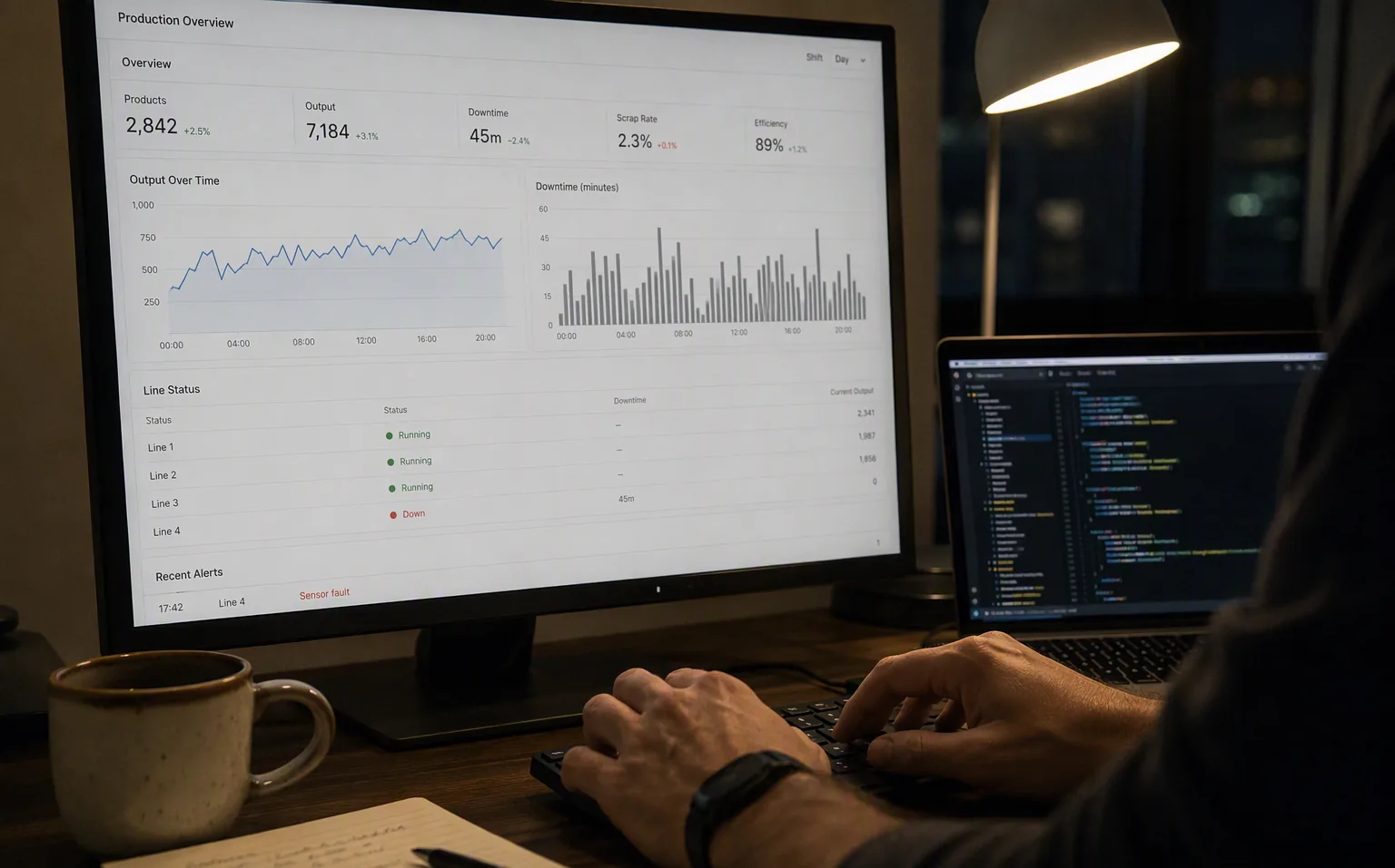 Gros plan sur les mains d’un ingénieur, écran de monitoring en production à côté du code