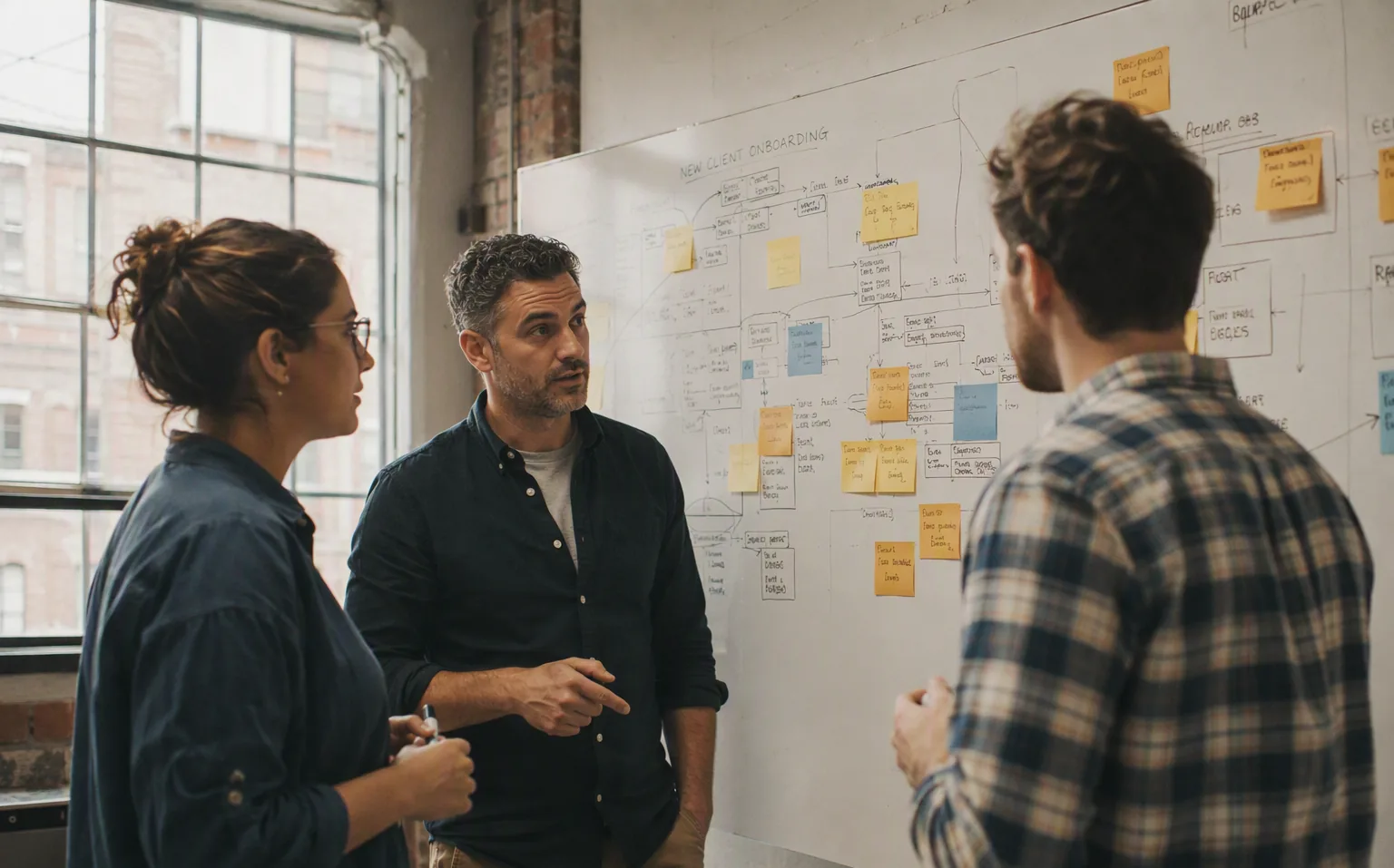 Deux ingénieurs et la responsable des opérations cartographient le workflow sur un whiteboard couvert de notes
